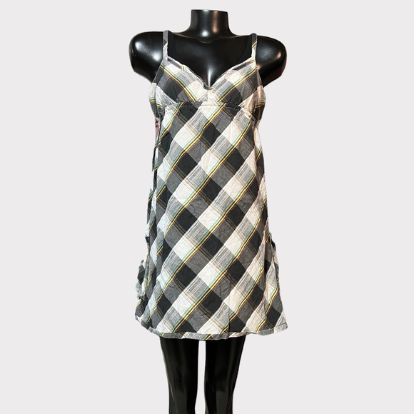 62 Vintage 90's Roxy Plaid Mini Dress Pockets Womens Medium Black White Auction - Picture 1 of 1